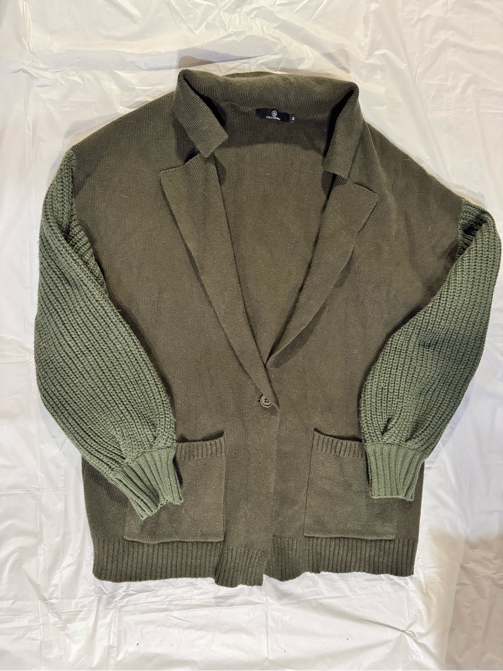 Women’s Olive Green Knit Cardigan with Textured Sleeves
